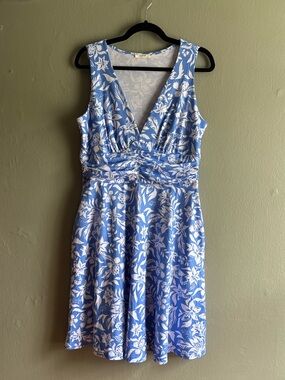 OURIN Blue White Floral Fit & Flare Dress Size: L